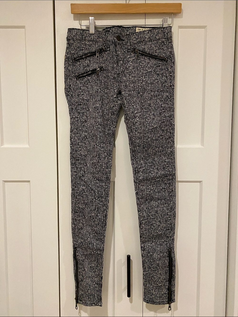 rag & bone Black and White Textured biker Skinny Jeans with Zipper Accents